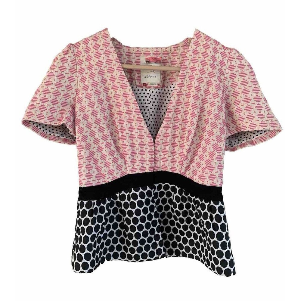 Y2K Anthropologie Elevenses Pink Check Blazer Jacket Short‎ Sleeve Secretary 2